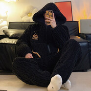 繆黛 MAULTIAY睡衣秋冬季男士2025新款珊瑚絨加厚加絨保暖三層夾棉法蘭絨家居服 主圖同款黑色 《少量現貨》 XL