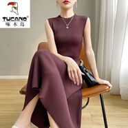 啄木鳥(niǎo)（TUCANO）半高領(lǐng)背心裙打底裙無(wú)袖赫本風(fēng)針織連衣裙吊帶裙長(cháng)款t恤垂感裙子 醬紫色 L 100-120