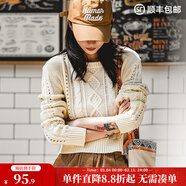 馬登女裝 復古圓領(lǐng)鏤空麻花菱格毛衣短款套頭米白色絞花針織衫 白米色 S