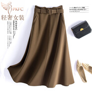 PKFC牛仔裙女秋冬a字半身裙女2024新款高腰顯瘦傘裙中長(cháng)款大擺百褶裙 咖啡色-秋冬款 S