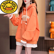 G.duck假兩件衛衣女春秋薄款大碼胖mm女裝200斤連帽寬松加絨加厚外套潮 橘色加絨-嬰兒絨 185 2XL 170-200斤