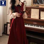 花花公子（PLAYBOY）馬甲法式長(cháng)袖連衣裙女裝秋季大碼學(xué)院風(fēng)學(xué)生禮服新款紅色套裝裙子 紅色#8929 L 建議100-120斤