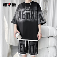雅鹿短袖T恤男套裝夏季潮流休閑男高端半袖運動(dòng)體恤上衣服短褲兩件套 HQ24467黑色 3XL 約170-190斤可穿