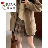 啄木鳥(niǎo)（TUCANO）復古格子毛呢百褶裙女秋冬季大尺碼胖m妹韓版學(xué)院風(fēng)高腰顯瘦a字短 咖色 S 【 80-100斤】