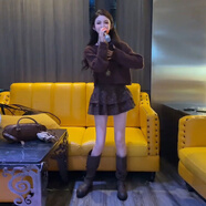 小紅書(shū)爆款小個(gè)子早秋一整套2025新款慵懶風(fēng)軟糯針織毛衣豹紋蛋糕 咖色針織衫＋深咖色豹紋短裙兩件 S (建議80~100斤)