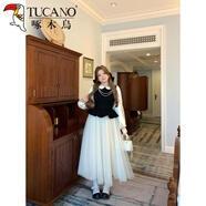 啄木鳥(niǎo)重磅款千金風(fēng)撞色網(wǎng)紗連衣裙女微胖大碼拼接荷葉邊裙子 長(cháng)款連衣裙 XL