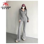 國際米瀾歐美辣妹秋裝衛衣連帽外套喇叭褲套裝女秋冬運動(dòng)兩件套 灰色 S