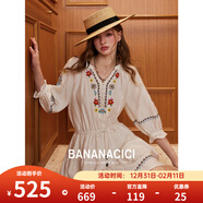 banana cici2025年春新款波西米亞風(fēng)天絲亞麻精致花朵刺繡連衣裙C252LY626 米白 S
