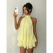 歐美新款純色度假修身性感露背掛脖收腰上衣蓬蓬短裙連衣裙女 黃色 XS