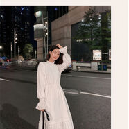 XT2秋季新款碎花長(cháng)袖中長(cháng)裙2025赫本風(fēng)秋冬感連衣裙 淑女款長(cháng)袖白色 S S建議80-95斤