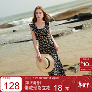 三彩2025夏季新款U領(lǐng)浪漫碎花雪紡裙印花大擺連衣裙長(cháng)裙M