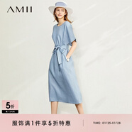 AMII女裝2025小清新配腰帶長(cháng)款連衣裙新款亞麻收腰裙子女顯 灰藍 S 155/80A
