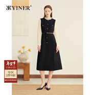 音兒專(zhuān)選2025冬季新款羊毛混紡拼接雪紡袖釘珠撞色連衣裙 黑色 L