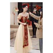 木南飛出租賃新娘敬酒服伴娘服2025新款韓版長(cháng)款修身宴會(huì )禮服敬酒服禮服 酒紅色新款長(cháng)款 3XL