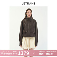 LETRANS元一 峽谷落日 復古蠟感落肩翻立領(lǐng)棕色短款皮衣夾克外套女 深棕色 L
