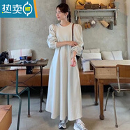 夏典素訂女王（SE.PSTP）加絨長(cháng)款衛衣連衣裙女圓領(lǐng)雙口袋收腰韓國新款chic秋冬簡(jiǎn)約A字裙 杏色 XL