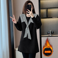 韓系設計感條紋披肩衛衣裙女2026新款休閑大碼顯瘦百搭中長(cháng)款上衣 黑色加絨 S