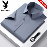 花花公子純棉白色長(cháng)袖襯衫2026春秋新款商務(wù)正裝抗皺免燙休閑純色商務(wù)襯衣 灰色 【短袖】 透氣免熨燙 L 39 適合108-118斤穿