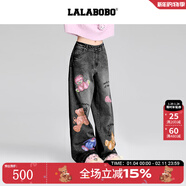 LALABOBO【周深同款】純棉牛仔褲高腰顯瘦小熊印花寬松闊腿褲RBED-WXZC19 灰色 27 建議125-140斤