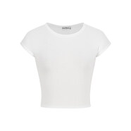 MosesQueen魔西女王辣妹短款露臍上衣小飛袖修身圓領(lǐng)短袖T恤 白色 S 80-95斤