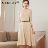 MAGIOPY高端品牌秋冬新款半高領(lǐng)中長(cháng)款羊絨衫連衣裙女顯瘦針織A字裙傘裙 青絨色 M