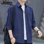 JEEP SPIRIT春秋季新款男士中袖襯衫寬松帥氣工裝襯衣開(kāi)衫七分袖工作服上衣 深藍色 M