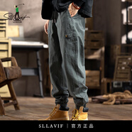 薩拉維夫（SLLAVIF）品牌休閑褲男美式黑色工裝褲潮春牌秋新款寬松大碼痞帥哈倫束腳褲 深灰色 4XL 體重210斤以上