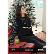 闊色條紋假兩件背心裙長(cháng)袖針織連衣裙2025秋冬季新款女寬松長(cháng)裙子 黑色 L