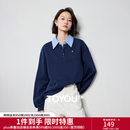 初語(yǔ)拼接假兩件襯衫衛衣女25春秋新款知識分子時(shí)尚polo領(lǐng)上衣情侶 黑藍色 S