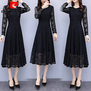 皮爾卡丹（pierre cardin）仿天鵝絨/薄款春秋冬蕾絲中長(cháng)下擺襯衫連衣裙加碼修身長(cháng)袖過(guò)膝裙 薄款連衣裙3XL 132-145斤