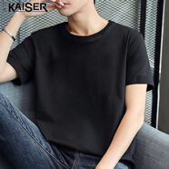 凱撒（KAISER）【100%純棉】t恤男純棉短袖夏季青年半袖打底衫百搭上衣體恤男裝 純色-黑 L (建議100-125斤)