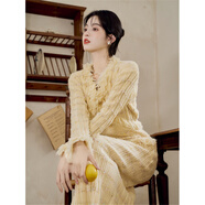 卡伊莎（KAYISHA）小香風(fēng)短款外套富家千金感針織絞花吊帶裙兩件套 檸檬黃 S