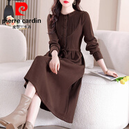 皮爾卡丹（pierre cardin）長(cháng)袖連衣裙春秋有口袋咖色木耳圓領(lǐng)棉絨優(yōu)雅時(shí)尚顯瘦中長(cháng)款打底裙 深咖色 XL 110-120