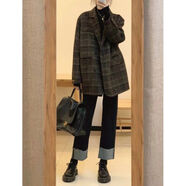 日本代購短款格子西裝呢子大衣女秋冬感小個(gè)子加厚毛呢外套春 格子升級版面料 S S
