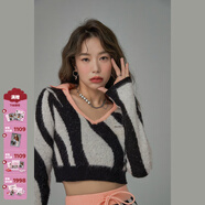 CHUU馬海毛字母針織衫女冬季新款V領(lǐng)長(cháng)袖修身小個(gè)子短款上衣 斑馬紋 均碼