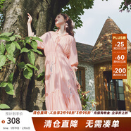 兩三事梵高文藝迷霧芳影2025春季新款法式蕾絲拼接燈籠袖繡花連衣裙 橘粉 L