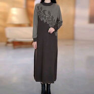 感拼色長(cháng)袖毛衣裙女春裝2025新款寬松遮肚長(cháng)版過(guò)膝針織洋裝 咖啡色 M M建議100-120斤