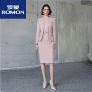羅蒙職業(yè)連衣裙春秋時(shí)尚氣質(zhì)粉色套裝修身顯瘦無(wú)領(lǐng)西裝正裝工作服女OL 粉色西裝+連衣裙 S