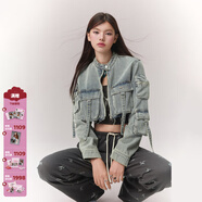 CHUU多口袋破洞牛仔短外套女2025秋季新品水洗毛邊長(cháng)袖拉鏈上衣 牛仔藍 0