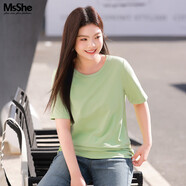 MsShe【天絲棉】大碼女裝2026款春裝胖mm長(cháng)袖T恤打底衫遮肚子上衣 圓領(lǐng)【短袖-天絲棉】青檸色現貨 XL