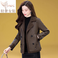 PKFC輕奢高檔小個(gè)子皮毛一體毛呢外套女2026秋冬新款短款皮衣夾克上衣 咖色  加厚 2XL 【建議130-145斤左右】