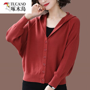 啄木鳥(niǎo)（TUCANO）羊·毛針織開(kāi)衫女2025春秋季新款短款寬松大碼連帽蝙蝠袖春秋毛衣 磚紅色 M 【95-110斤】