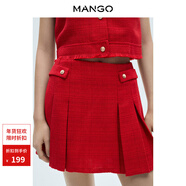 MANGO年終折扣女裝半身裙2026春裝新款花呢百褶短裙褶裙搭扣裝飾裙子 紅色 S