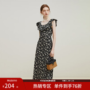 范思藍恩23FS12695韓系荷葉邊減齡連衣裙女夏季新款吊帶裙子 黑底碎花 M
