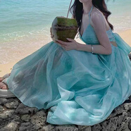 巧丂薄荷曼波海邊度假氛圍感沙灘裙設計感掛脖連衣裙仙女氣質(zhì)大擺裙子 湖水綠 S