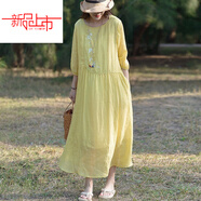 啄木鳥(niǎo)（TUCANO）夏季天絲苧麻刺繡帶內襯連衣裙女仙氣質(zhì)顯瘦白色棉麻料長(cháng)袍子 淺黃色 M [建議118斤內]
