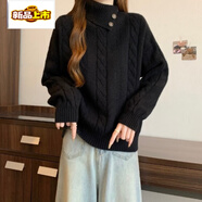 Sorrynam2025新款感高領(lǐng)正肩麻花毛衣女秋季大碼胖mm不規則翻領(lǐng)針織衫上衣 黑色毛衣【高級感超好看/歐洲站歐貨/網(wǎng)紅炸街 加厚 2XL (140-160斤)