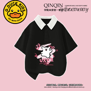 G.duck女童夏季Polo衫套裝中大童洋氣卡通線(xiàn)條小狗印花t恤百褶裙兩件套 黑色Polo衫 140 cm