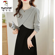 啄木鳥(niǎo)（TUCANO）2024秋冬新款遮肉顯瘦假兩件拼接圓領(lǐng)長(cháng)袖針織連衣裙844 黑拼灰色 S 80-95斤