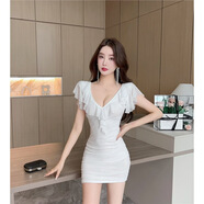 夜 店會(huì )所技師沐足工作服深v領(lǐng)網(wǎng)紗低胸荷葉邊短袖包臀打底連衣裙 白色 L